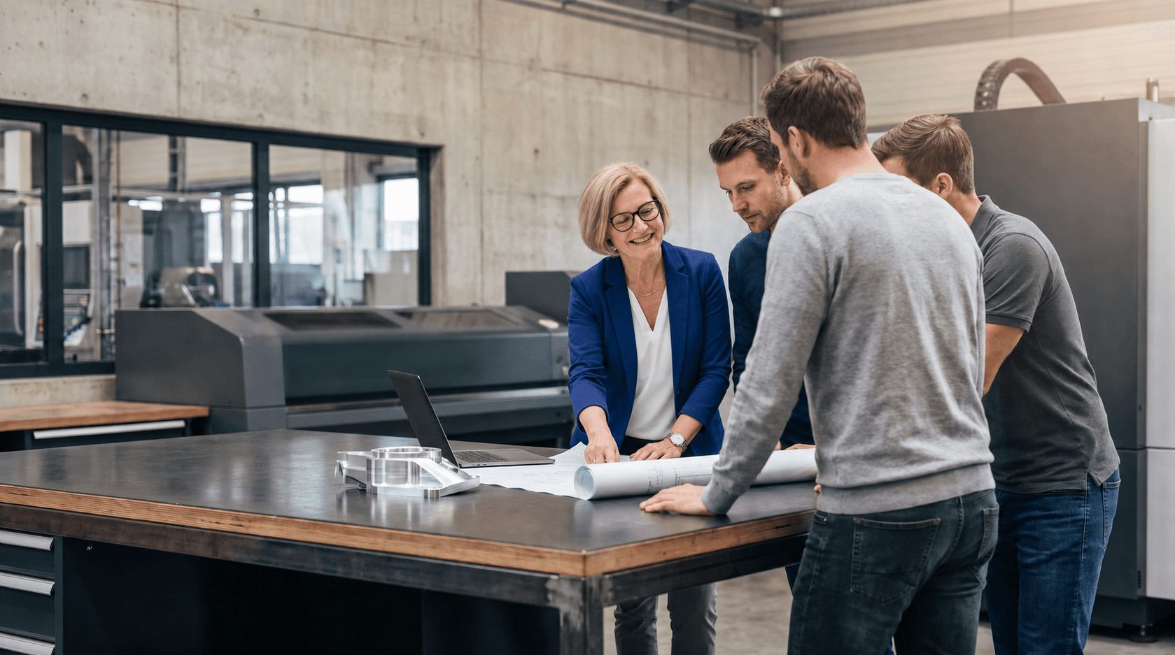 Christine Caillaud lavora con un team automotive su un componente e un disegno tecnico