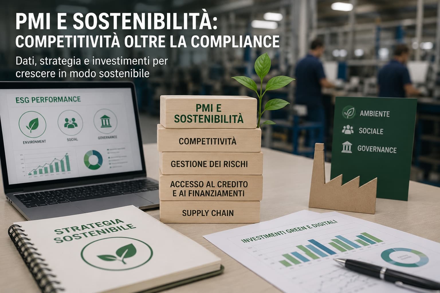 Documento con grafici ESG e una piccola impresa sullo sfondo in un contesto industriale.