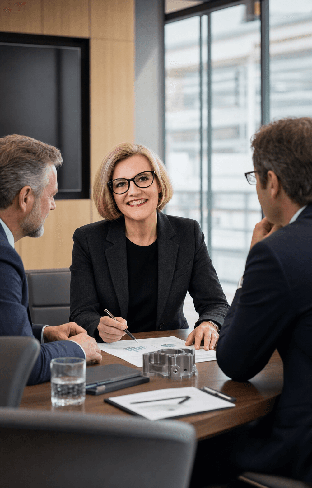 Christine Caillaud leitet ein Business‑Development‑Meeting mit zwei Produktionsverantwortlichen