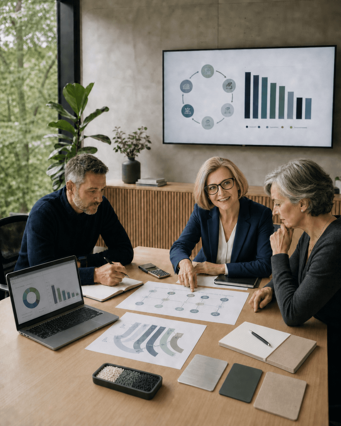 Christine Caillaud führt einen Workshop zu GHG, LCA und ESG mit einem Unternehmensteam
